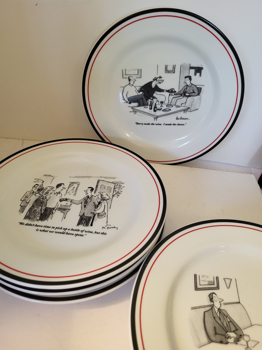 S/6 Y2K New Yorker Cartoon Restoration Hardware Appetizer Plates 8"